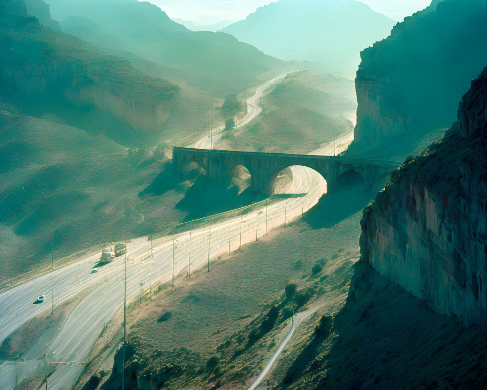 Scenic landscape with winding road, bridge, and mountains