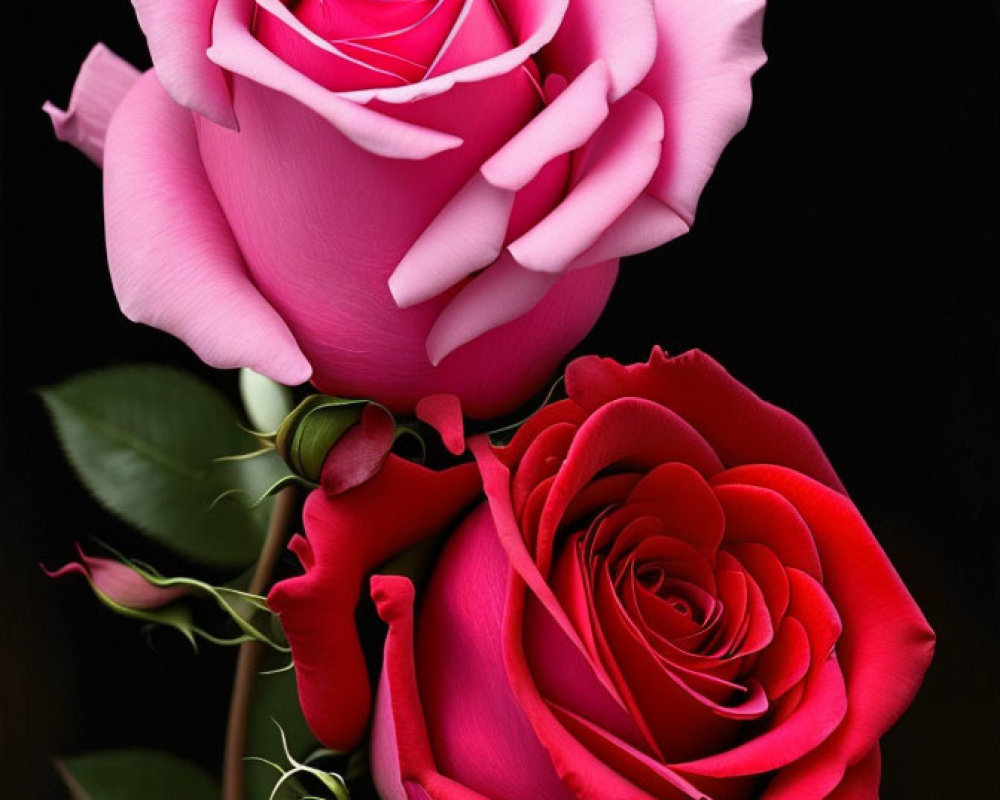 Vibrant pink and red roses on a dark background with intricate petals and green stems.
