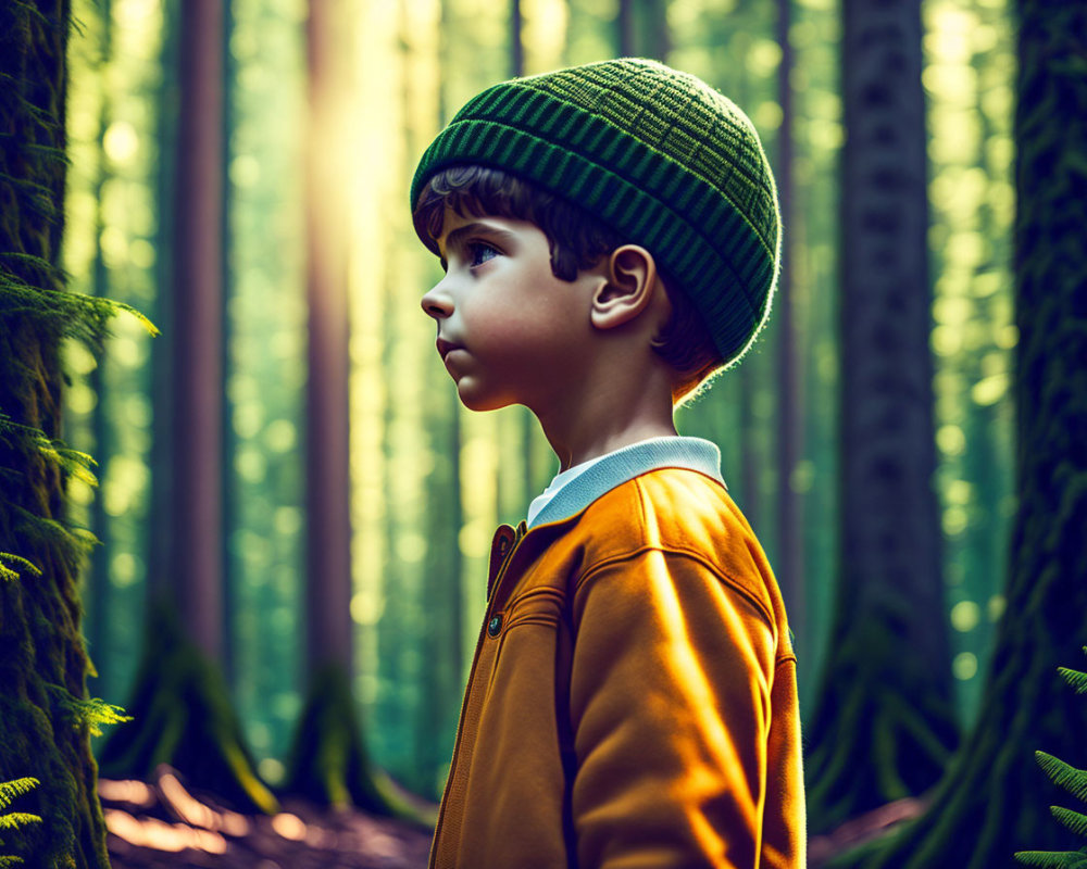 Child in Green Beanie and Orange Jacket Contemplating in Sunlit Forest