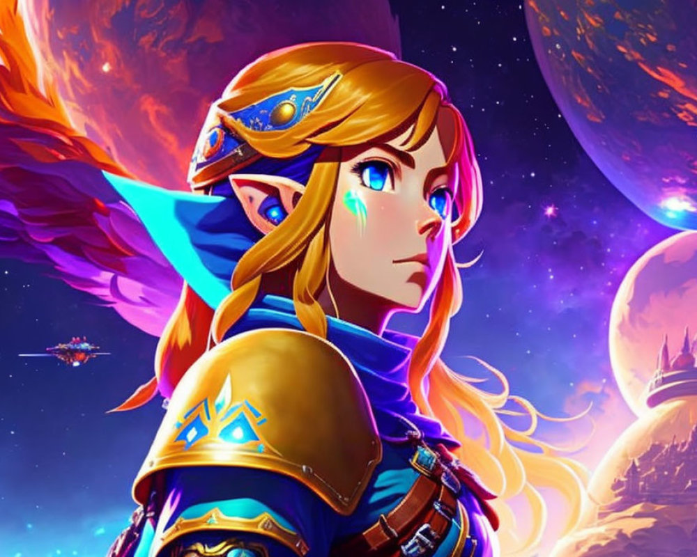 Blonde pointy-eared warrior in blue attire on cosmic background