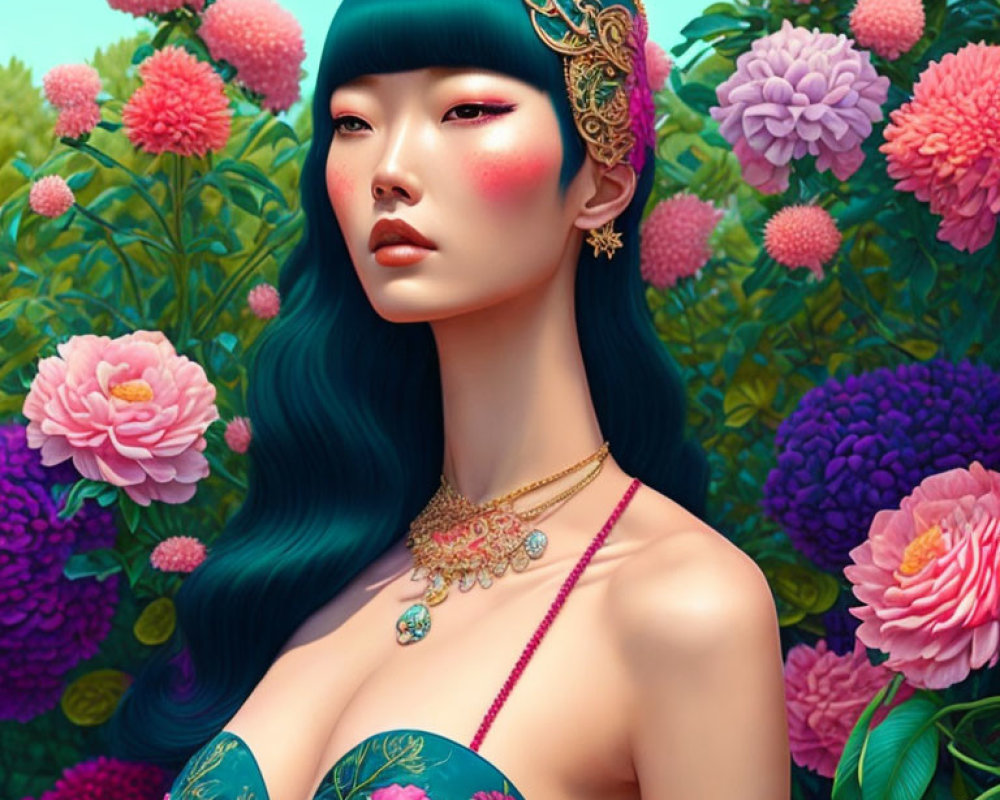 Teal-Haired Woman with Gold Accessories Surrounded by Pink and Purple Flowers