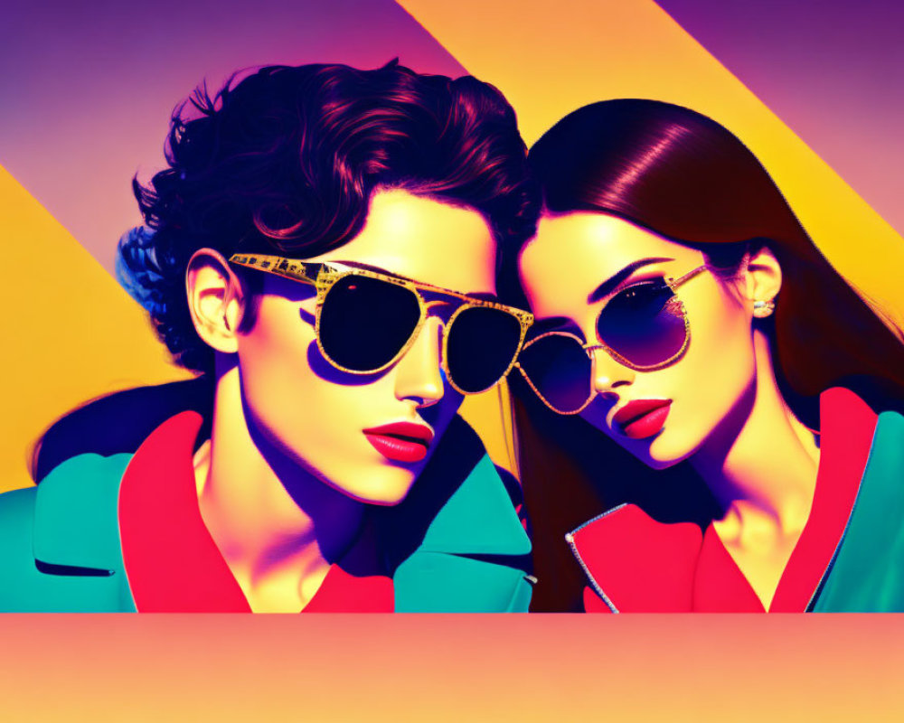 Fashionable duo in sunglasses on colorful backdrop