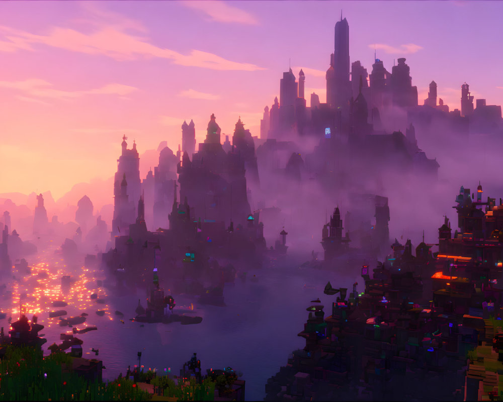 Purple-hued cityscape at dusk with misty silhouettes reflected on water