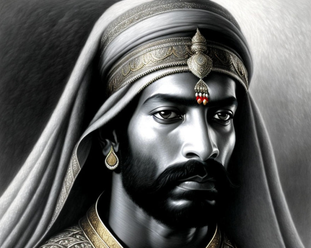 Detailed digital portrait of a man with turban, beard, and Indian jewelry.
