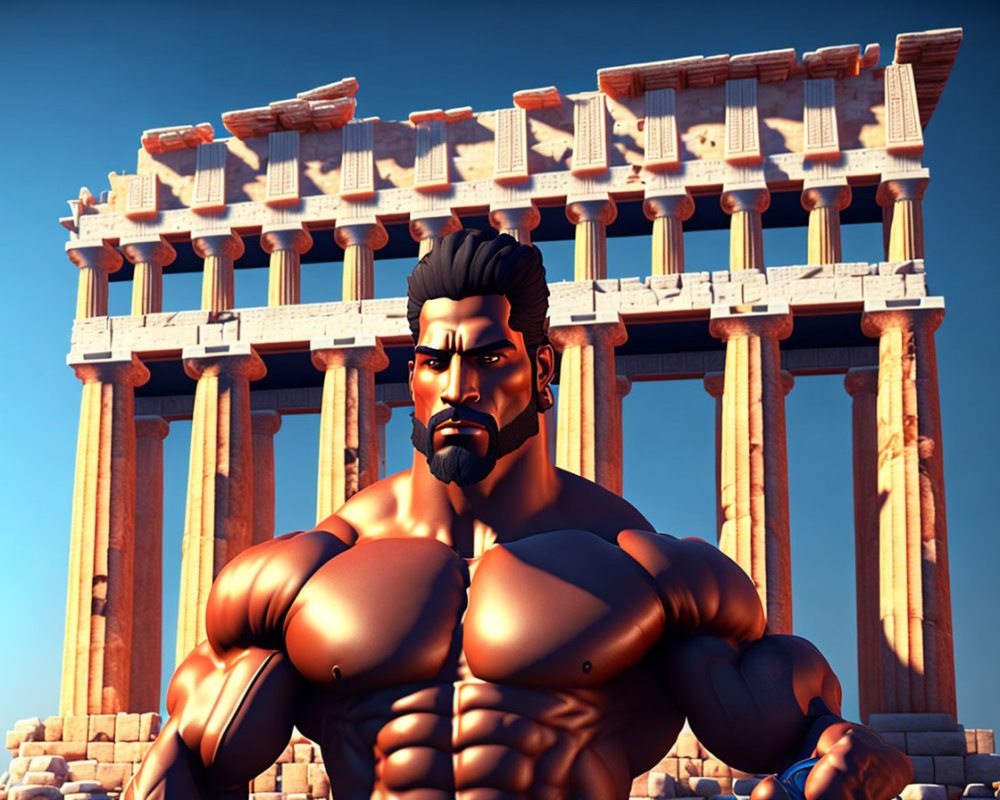 Muscular animated character with black beard at ancient Greek temple