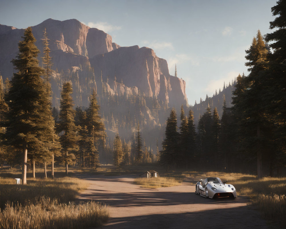 Sports Car Driving on Winding Forest Road Amid Cliffs and Pine Trees
