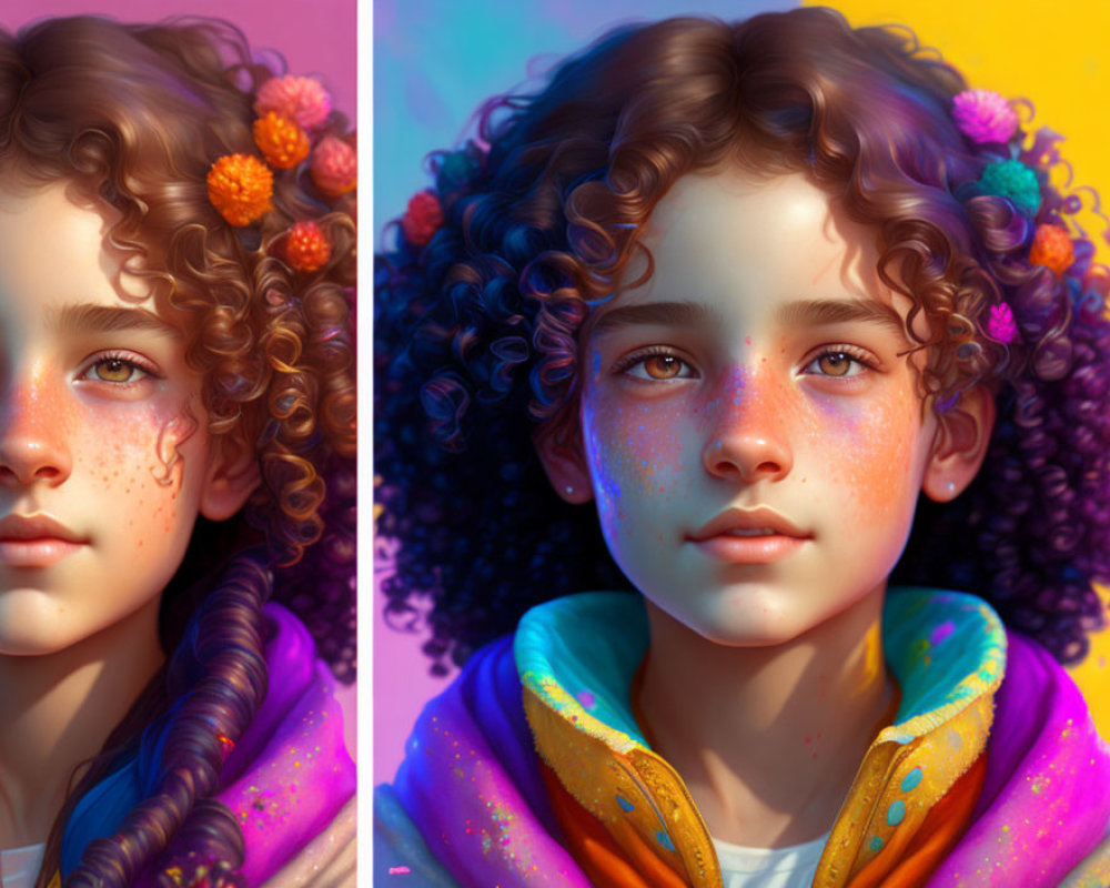 Digital portrait of girl with curly hair, flowers, freckles in two styles on vibrant background