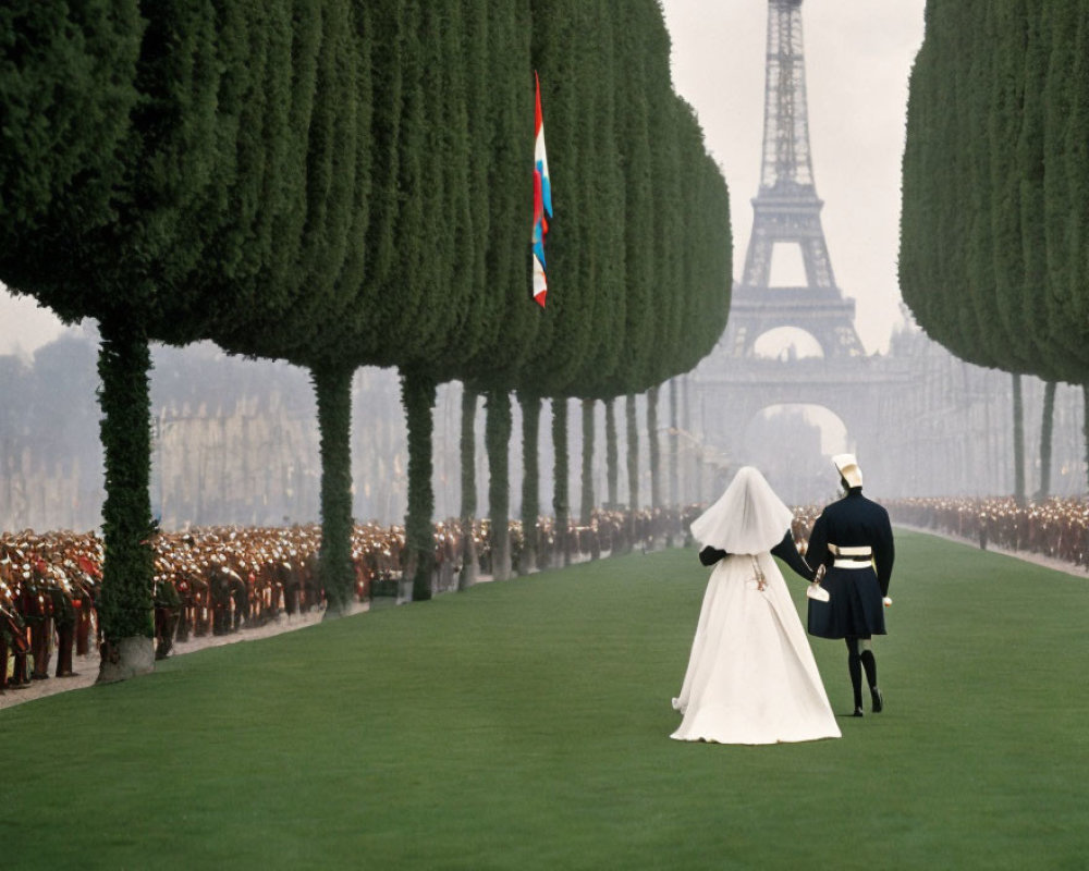 Bride and officer walking down tree-lined path with Eiffel Tower in background