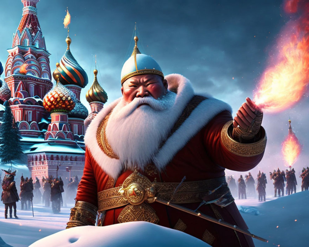 Warrior-like Santa Claus illustration in snowy setting with troops and Saint Basil's Cathedral.