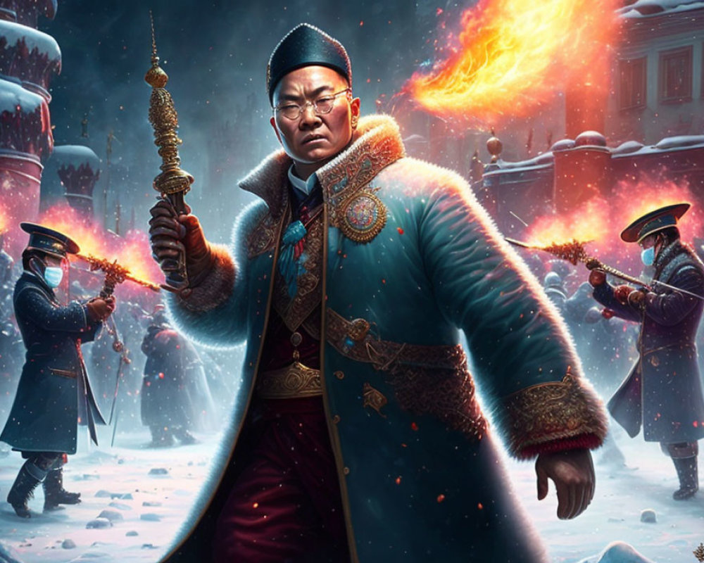 Regal figure in traditional attire with soldiers in snow-covered setting