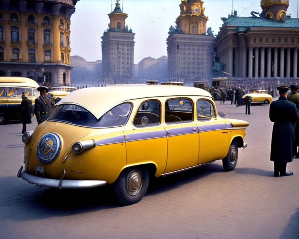 Vintage Yellow and White Sedan in Plaza with Uniformed Men and Classical Buildings