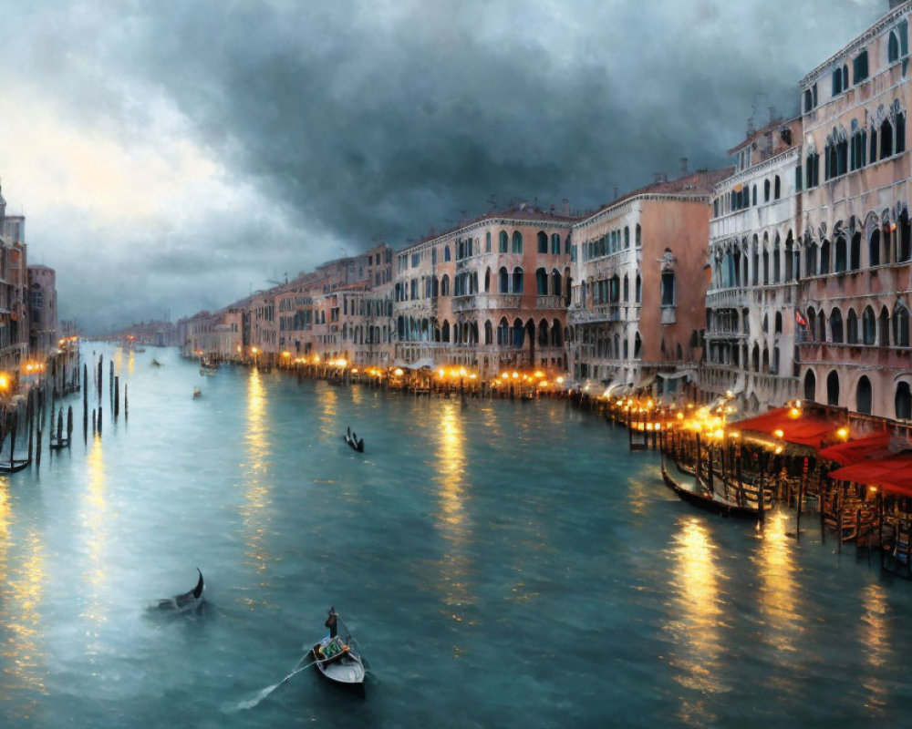 Venetian canal at twilight with gondolas and historic buildings