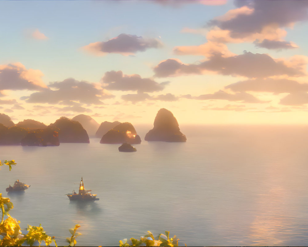 Tranquil sunset seascape with golden light, calm waters, islands, and distant boats
