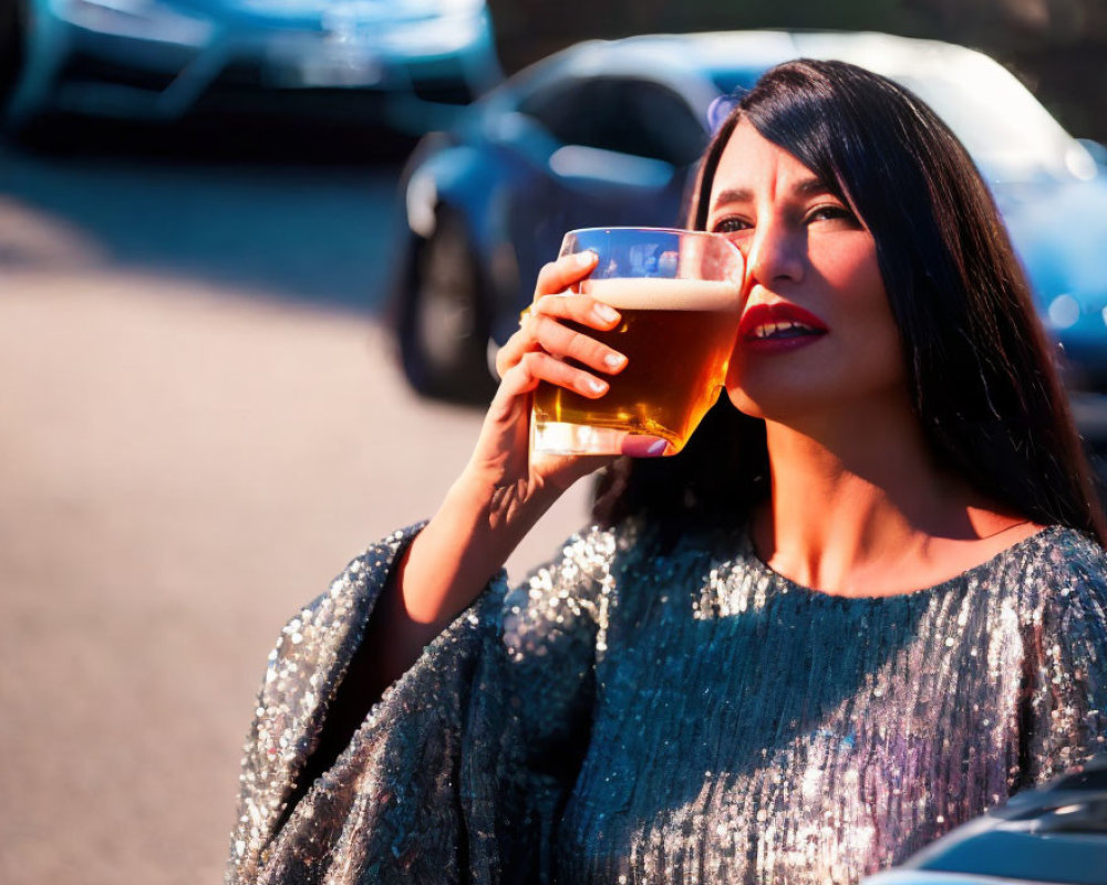 Woman in Sparkling Dress Holding Beer Glass with Cars in Background