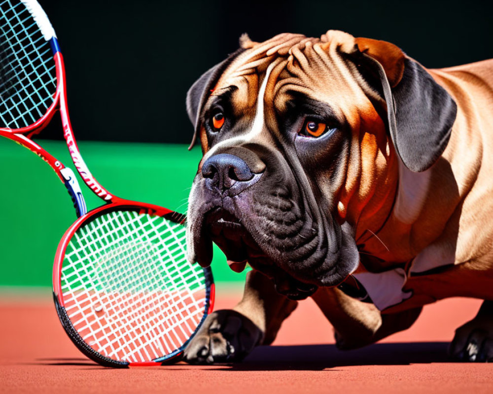Brown Mastiff Dog with Tennis Racket on Colorful Background