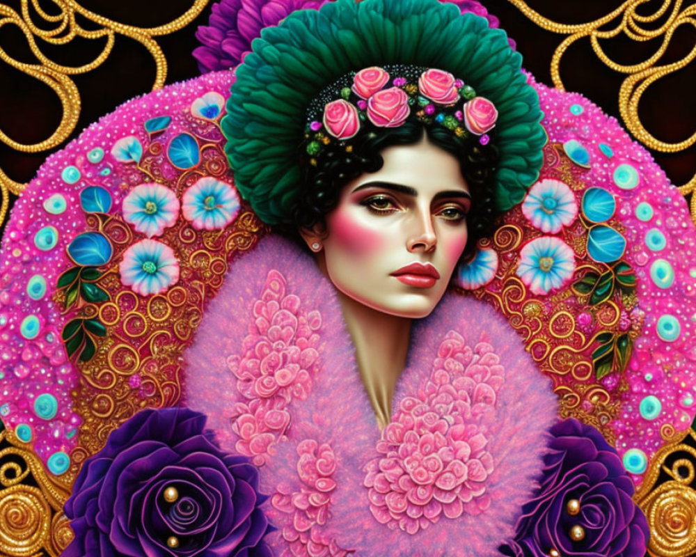 Detailed Woman Portrait with Vibrant Floral Elements
