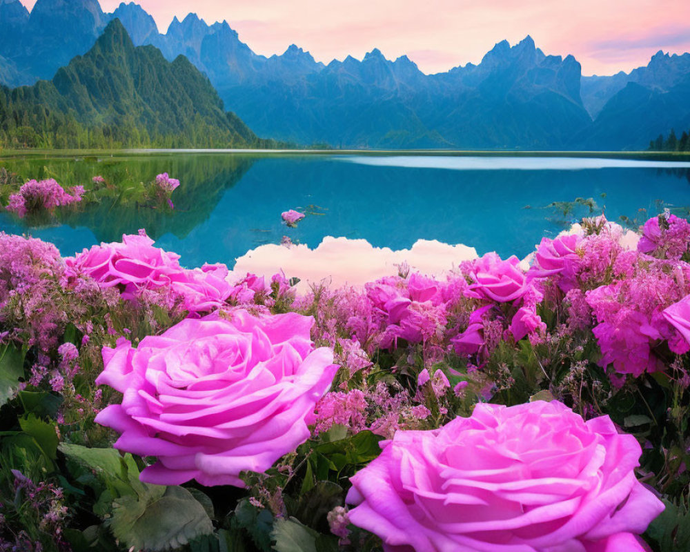 Pink Roses, Lake, Twilight Sky & Mountain Peaks