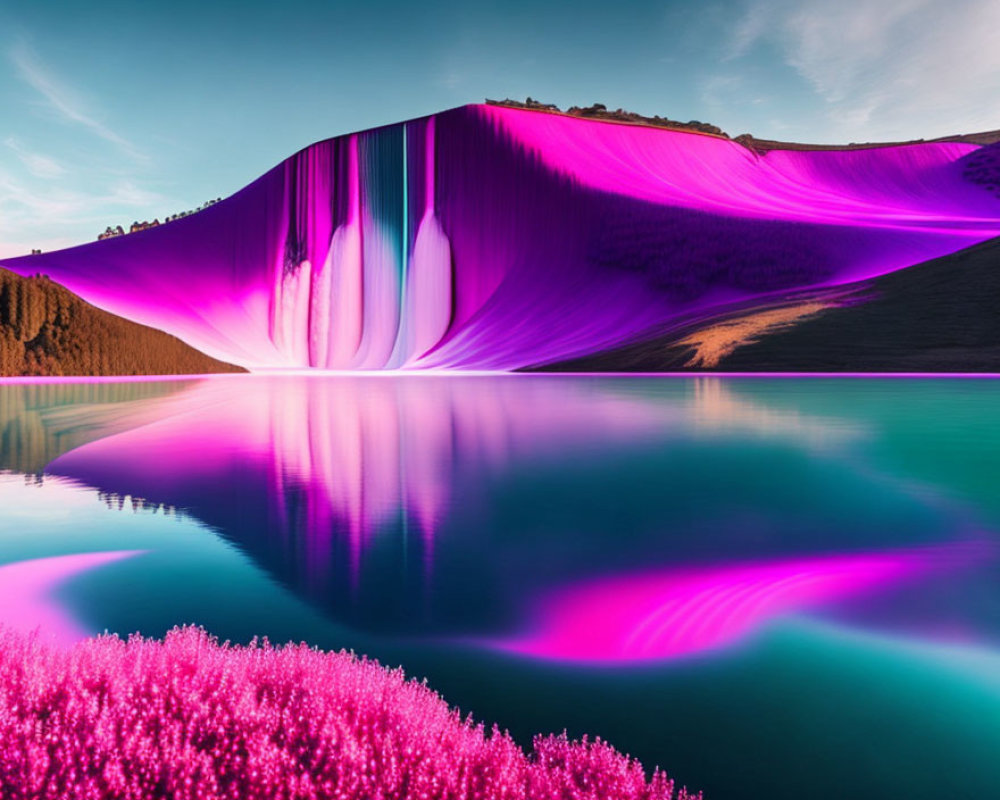 Vibrant pink and purple waterfall cascading into turquoise lake
