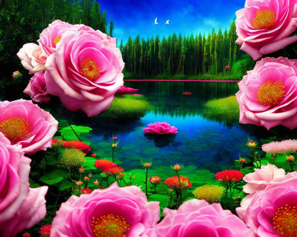 Pink Roses in Foreground with Blue Lake and Green Forest