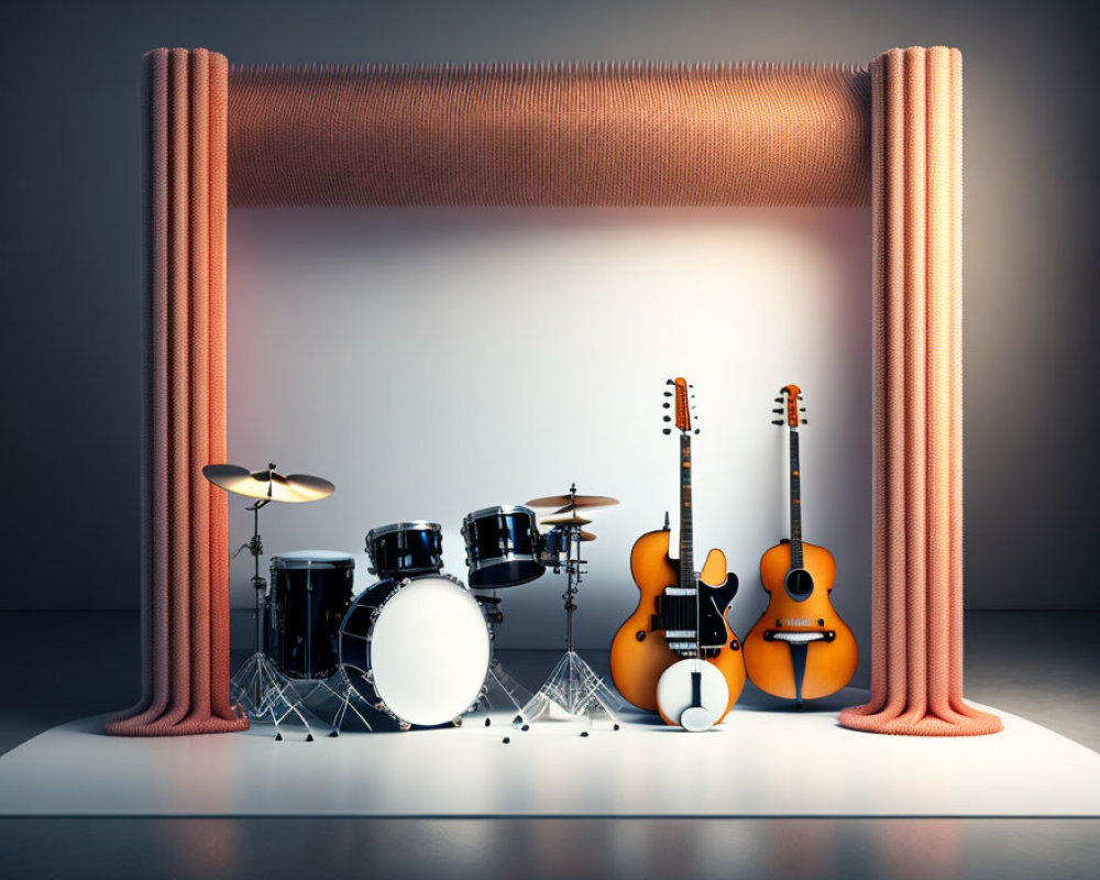 Musical Instruments on Stage with Draped Archway and Spotlight