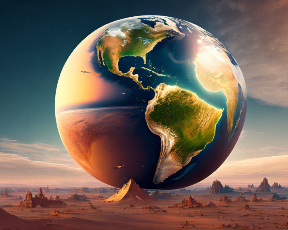 Surreal artwork: Oversized Earth above barren desert landscape