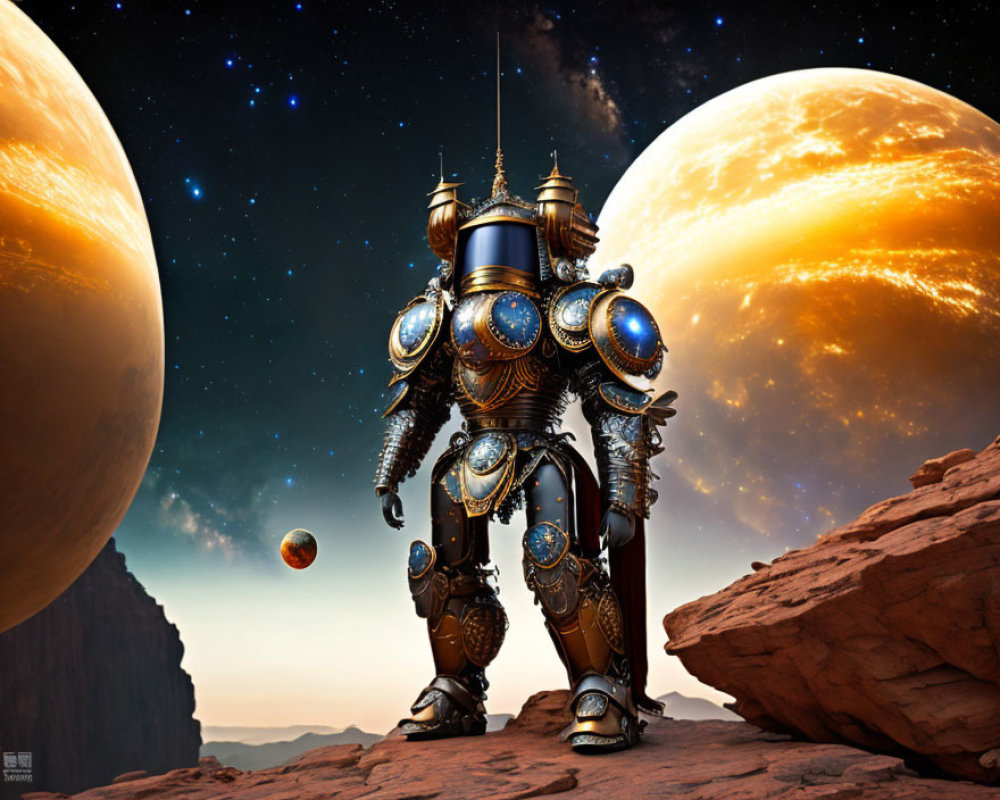 Elaborate steampunk-style robot on alien landscape with planets and starry sky