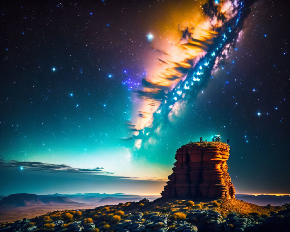 Vibrant Milky Way galaxy over desolate landscape with rock formation