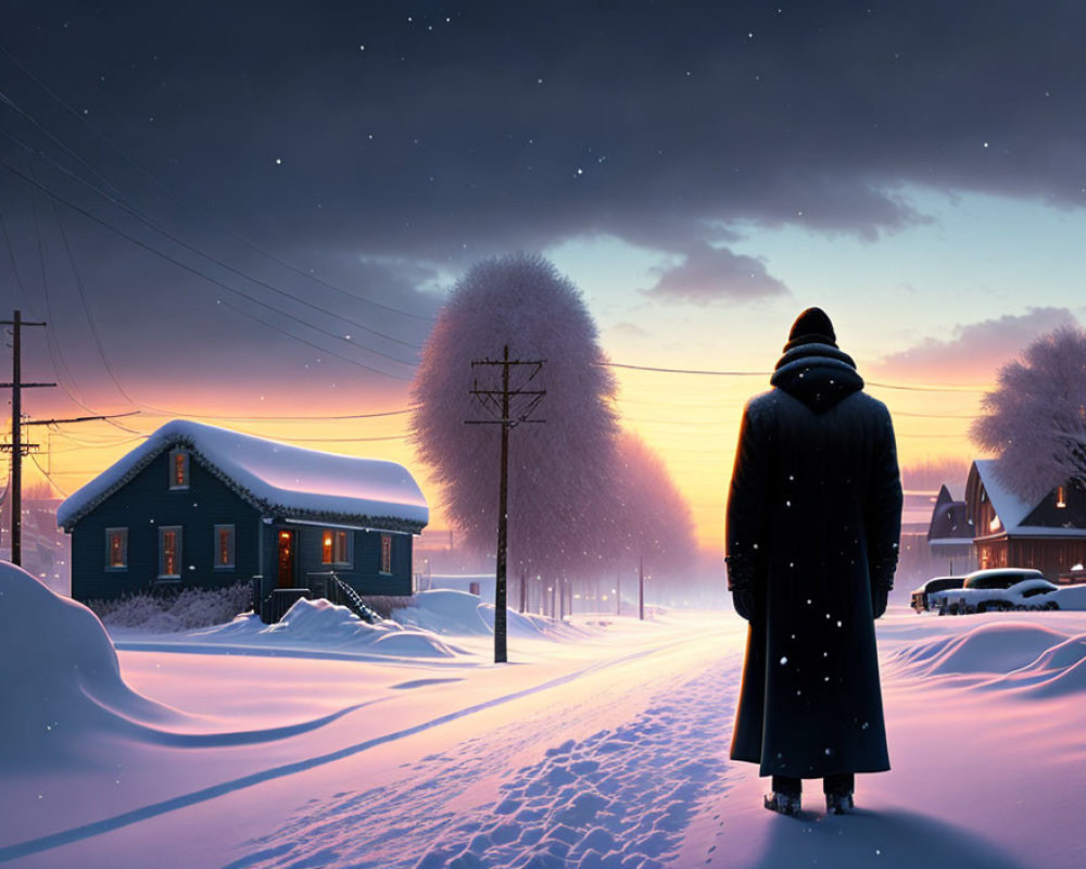 Person in Long Coat Stands on Snowy Street at Twilight
