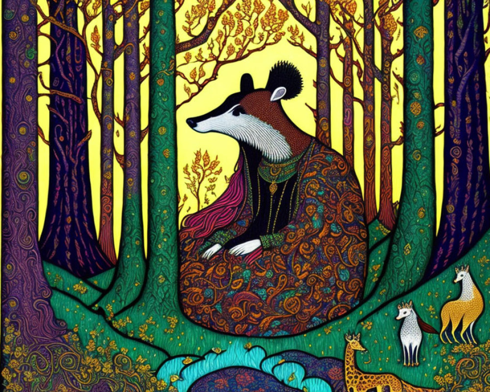Colorful Forest Scene with Badger, Squirrel, and Foxes