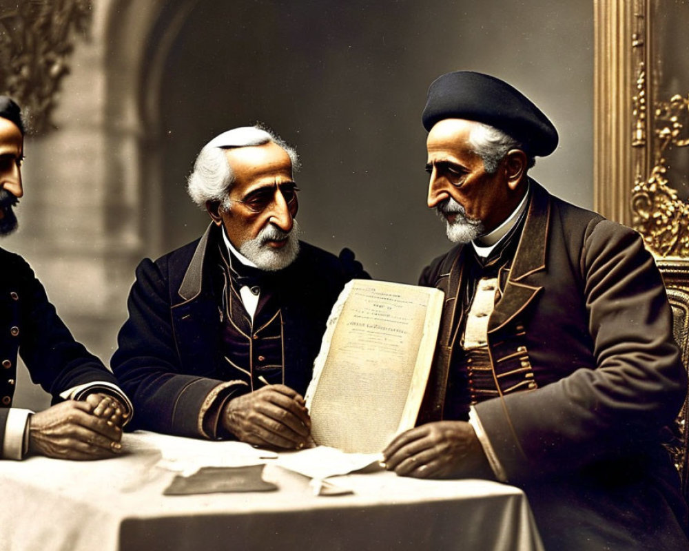 Elderly gentlemen in 19th-century attire reviewing a document in a classic room