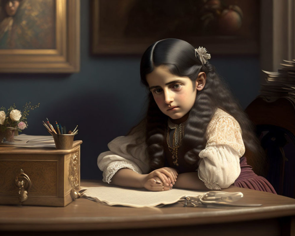 Girl with Long Wavy Hair at Wooden Desk with Quill and Inkwell