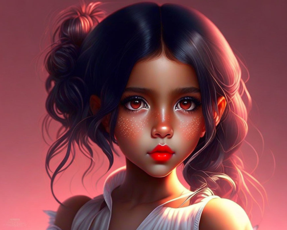 Young girl digital art portrait with expressive eyes, freckles, and high ponytail