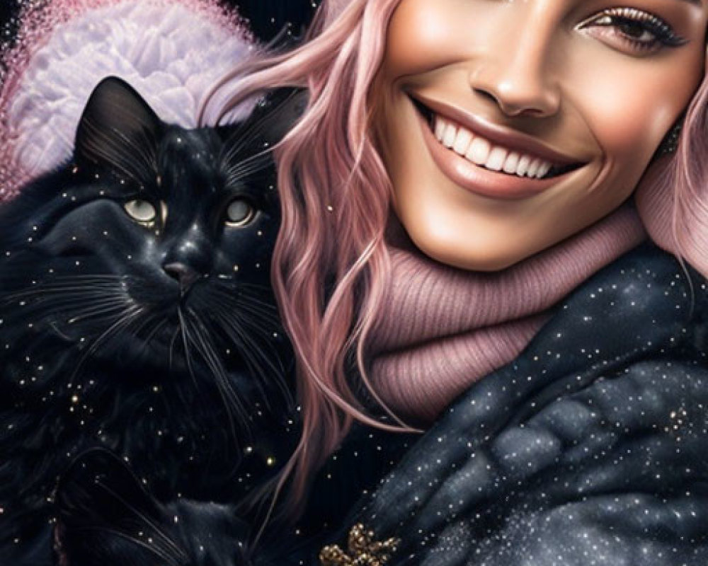Two smiling women with winter hats and a black cat under a sparkly backdrop