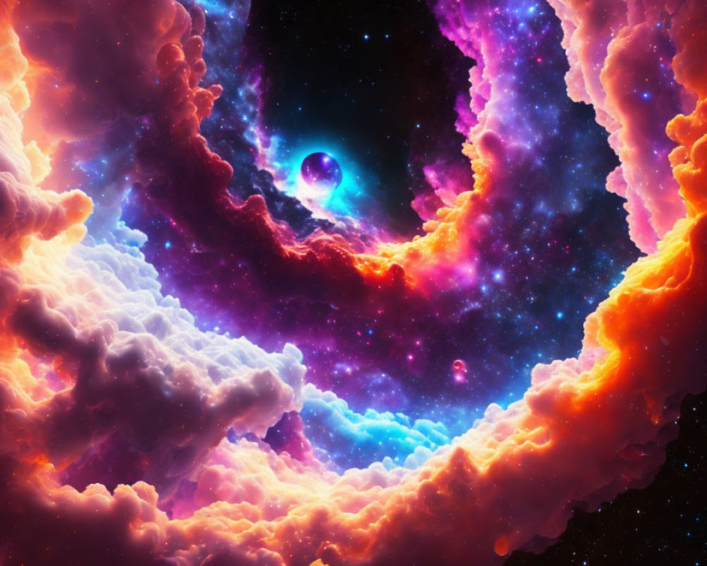 Colorful Nebulous Clouds in Cosmic Space with Planets and Stars