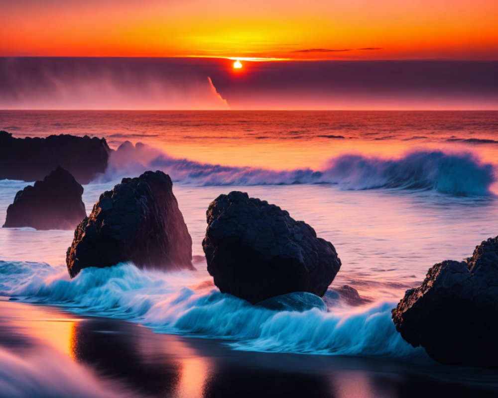 Scenic sunset over rugged coastline with crashing waves and mist.