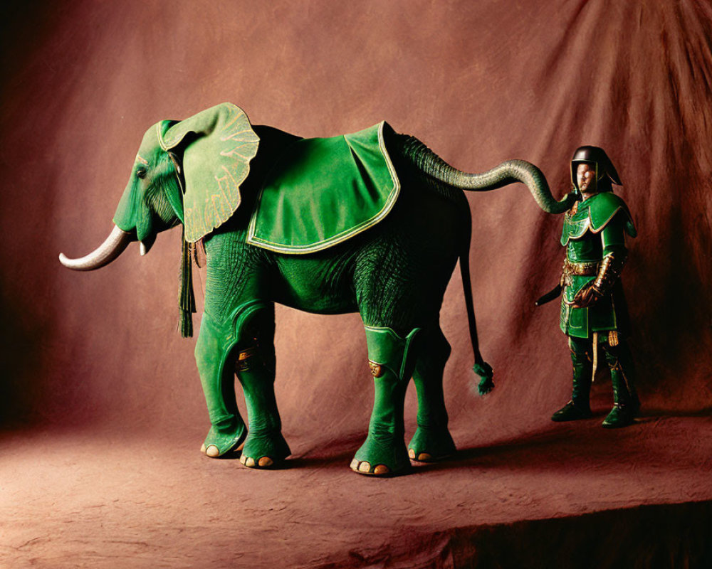 Medieval armored person with green elephant in matching costume on brown backdrop