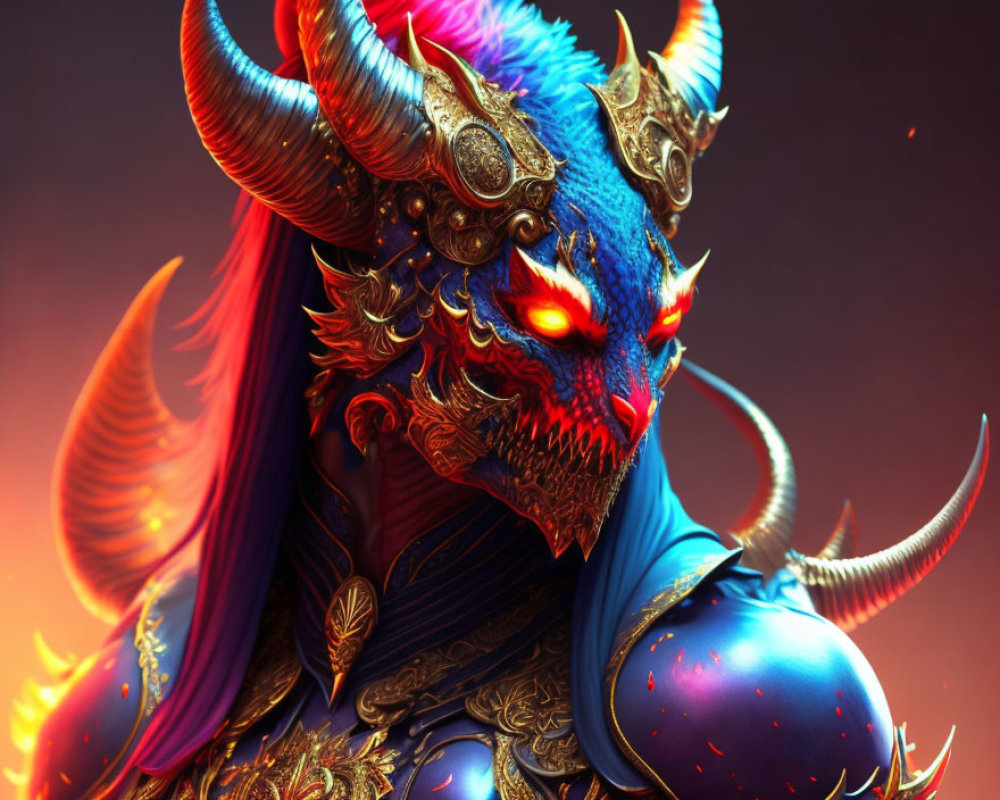 Fantasy creature with dragon-like features and ornate blue & gold armor