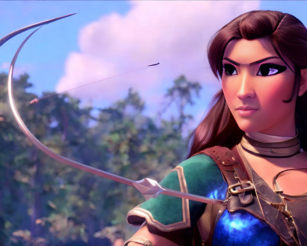 3D animated female character with bow and arrow in forest setting