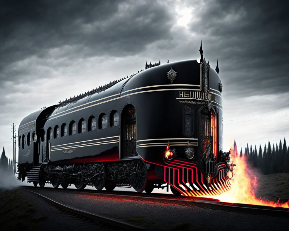 Black retro-futuristic train with ornate designs and glowing red accents speeding on tracks.