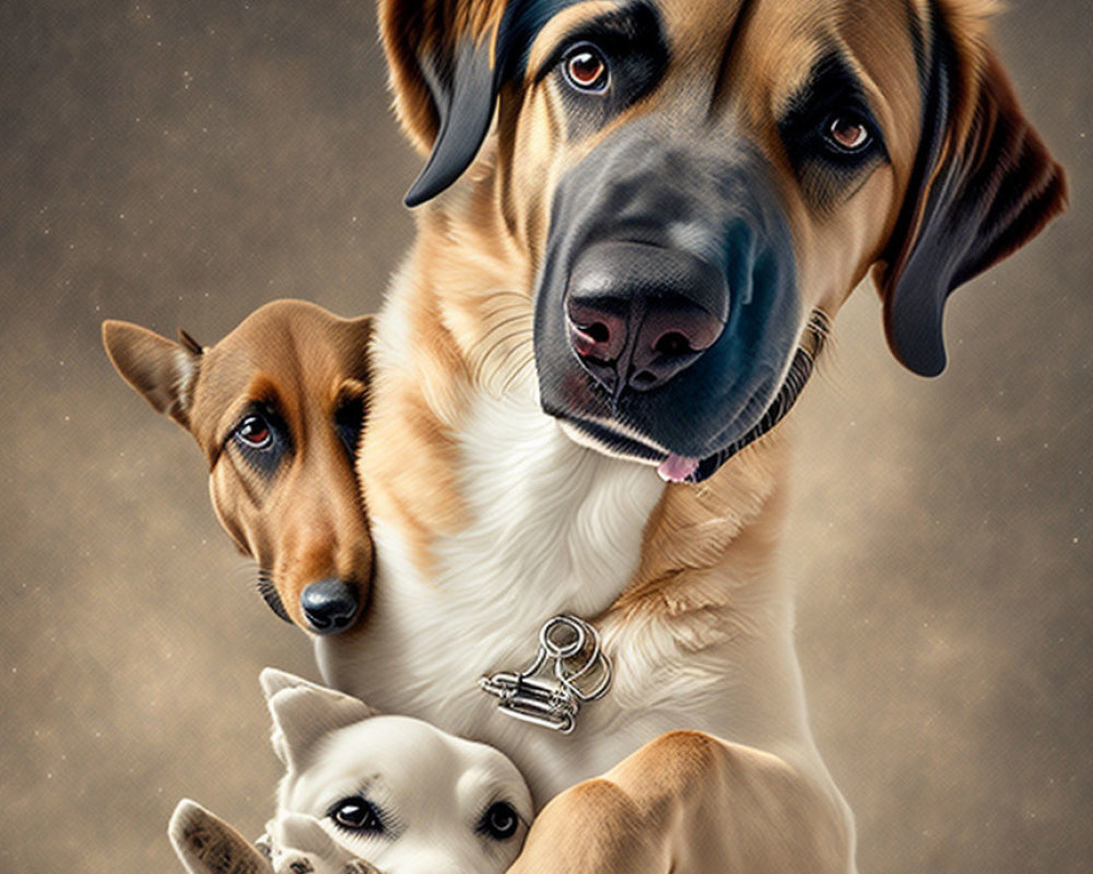 Detailed Close-Up Digital Artwork of Three Expressive Dogs