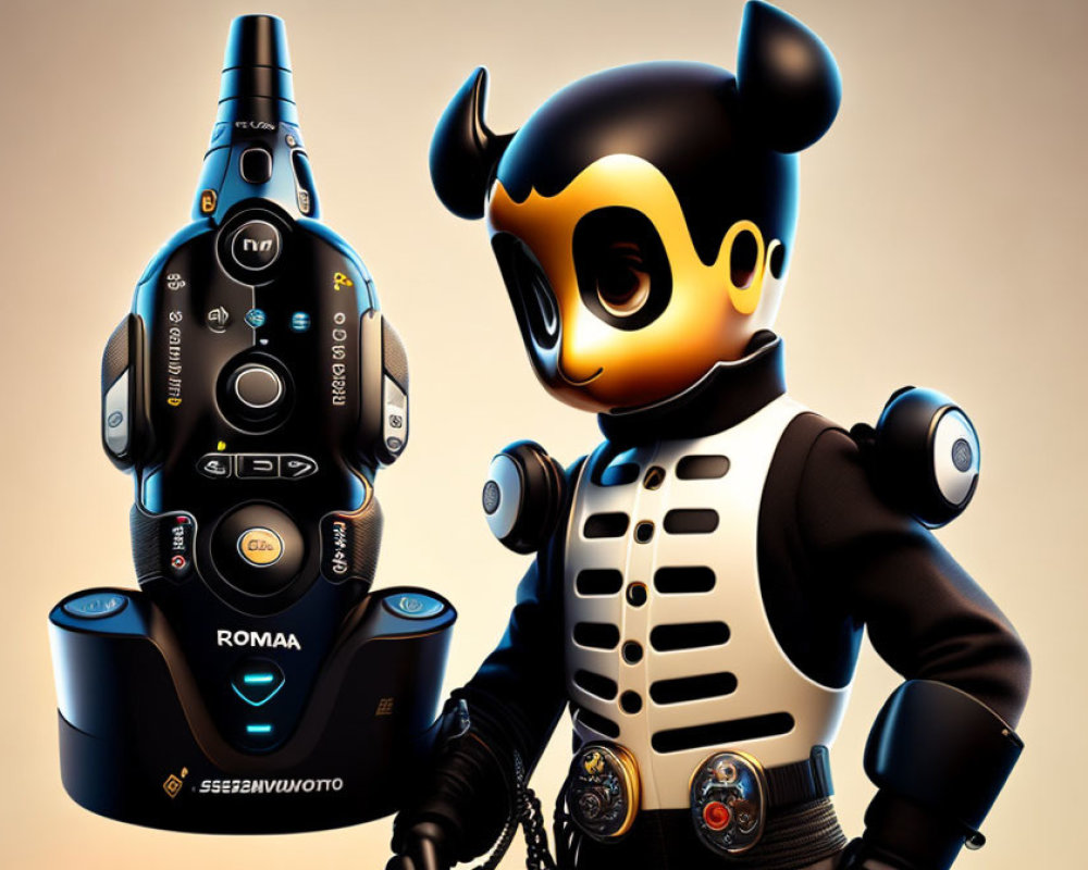 Futuristic 3D illustration of a robotic bee-themed character and high-tech device