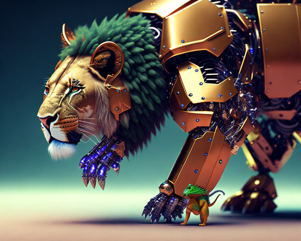 Mechanical lion with majestic mane and robotic body next to small dinosaur-like creature