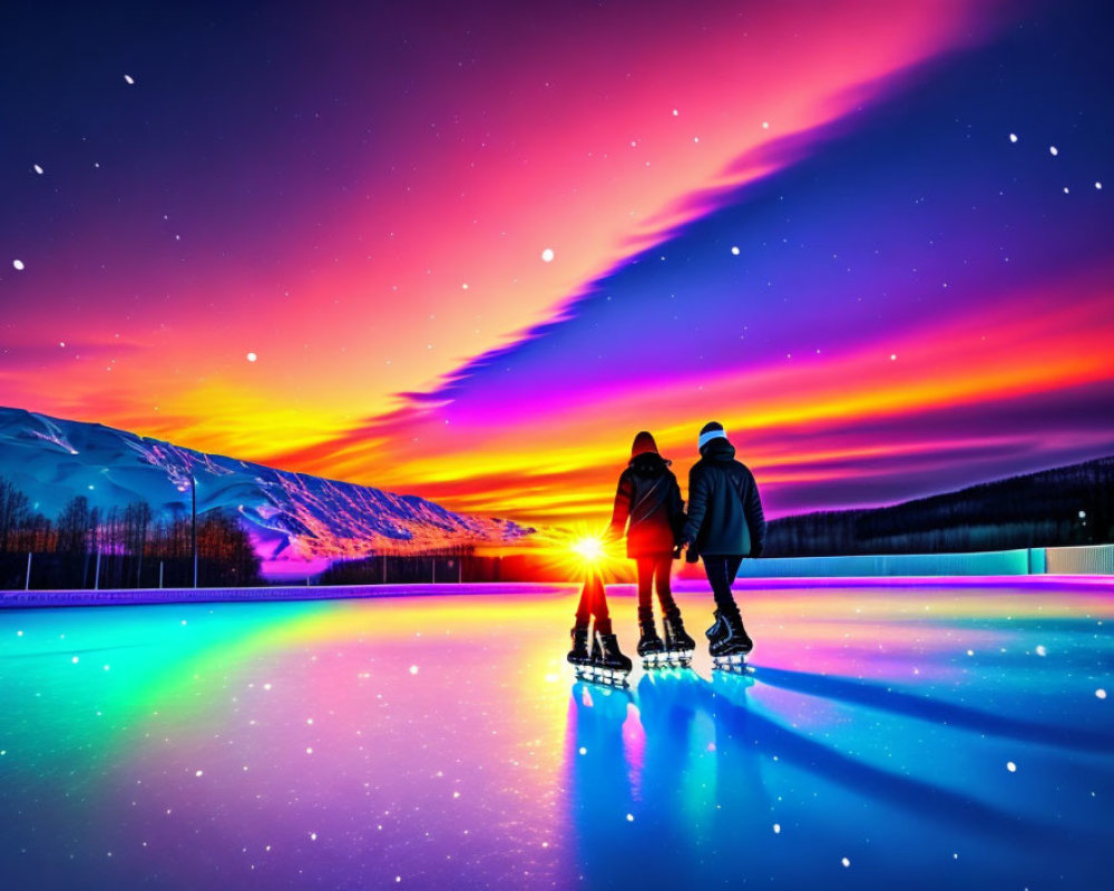 Ice skating under vibrant aurora-lit sky with colorful reflections