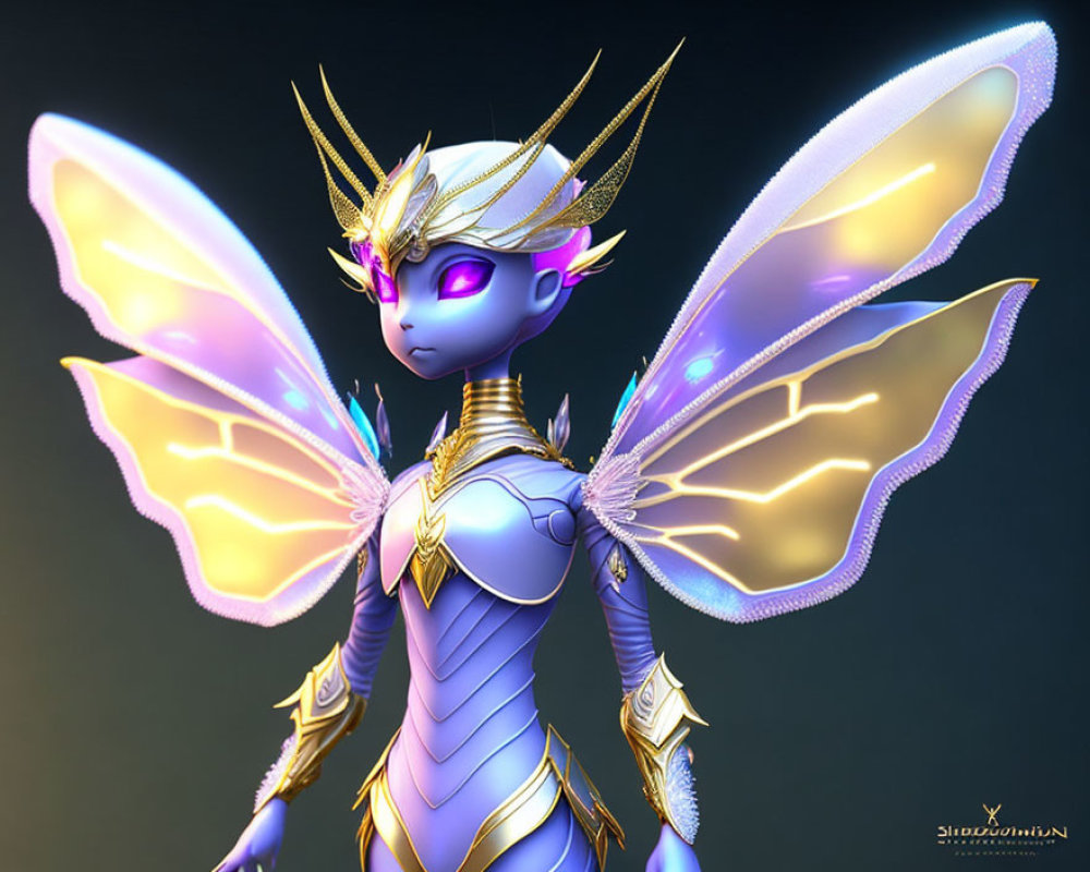 Fantasy character CGI illustration with butterfly wings and golden armor