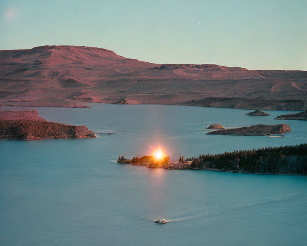 Twilight scene: serene lake with islands, boat, bright light, and UFO in sky