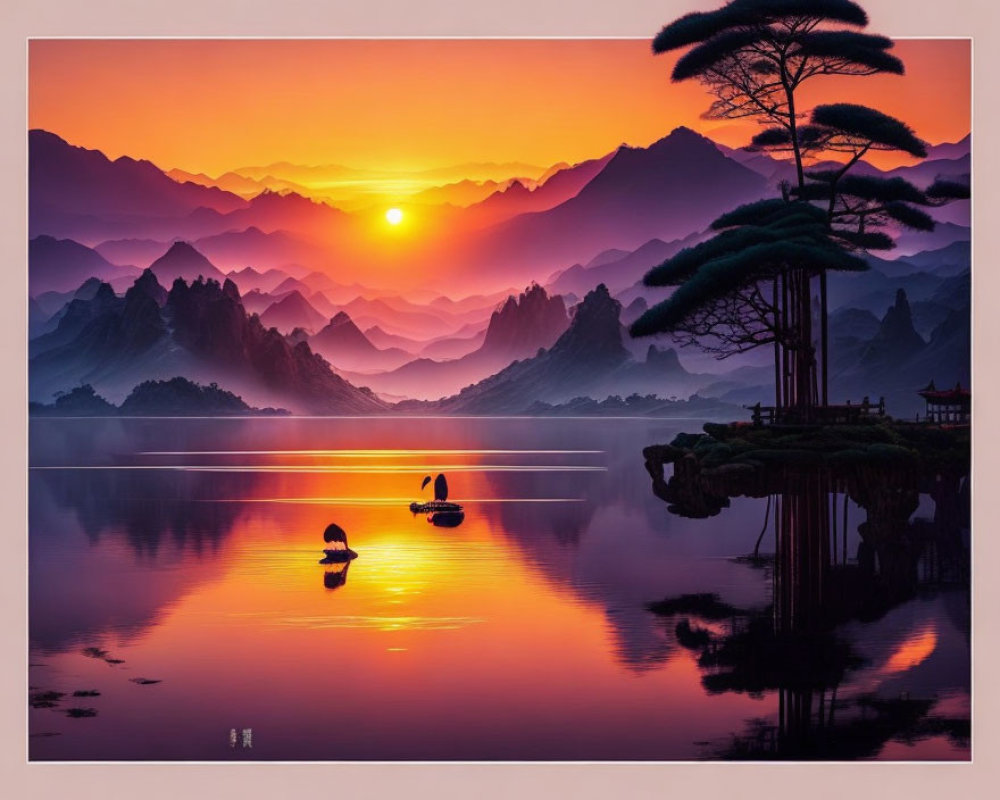 Tranquil lake sunset with swans, mountains, and vibrant sky