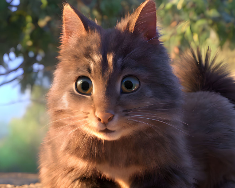 Fluffy grey cat with green eyes in warm sunlight