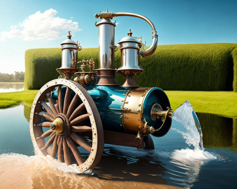 Vintage Brass and Blue Steampunk-Style Water Dispenser with Wheels Next to Hedge Walls