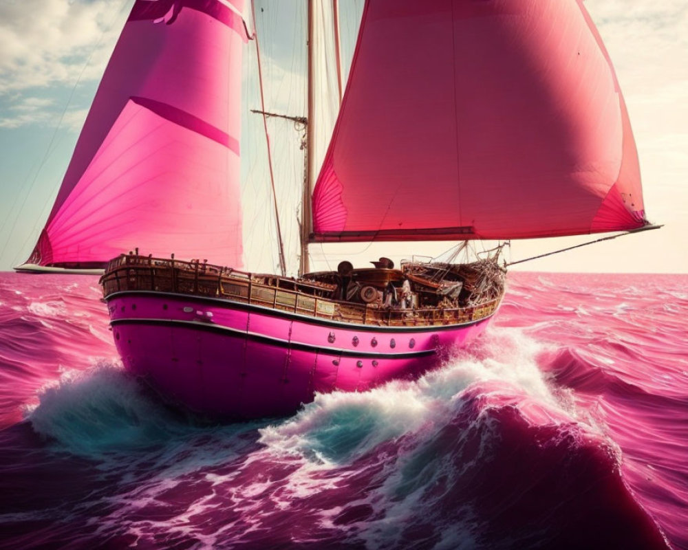 Sailboat with Pink Sails on Magenta Ocean Waves