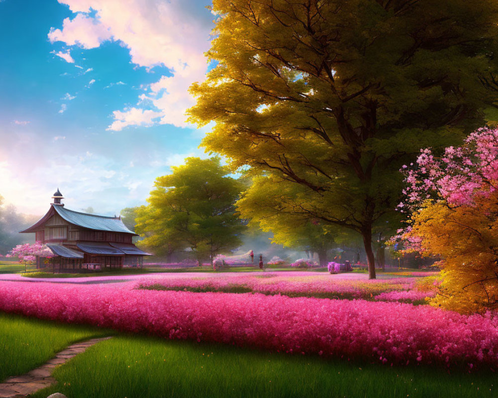 Tranquil landscape with traditional building and blooming trees